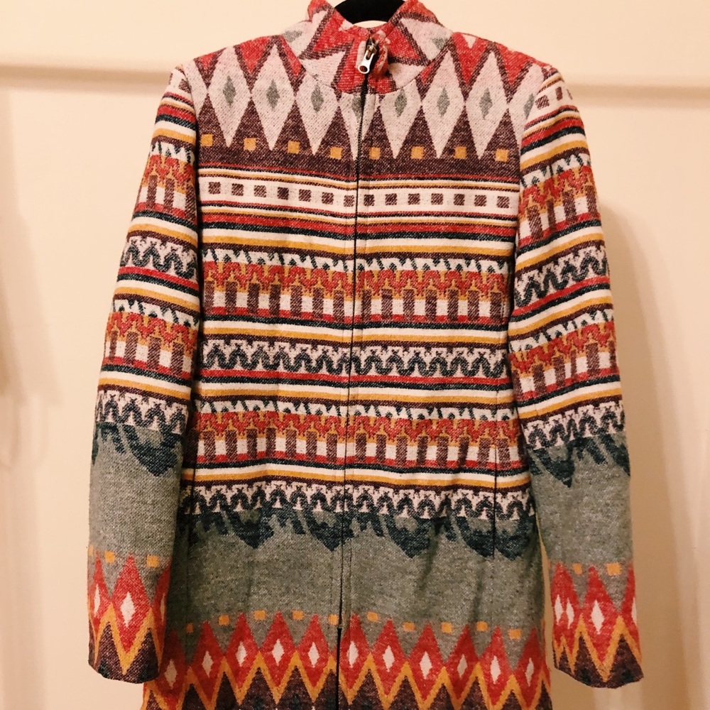 Thick wool coat- with fun Aztec pattern.